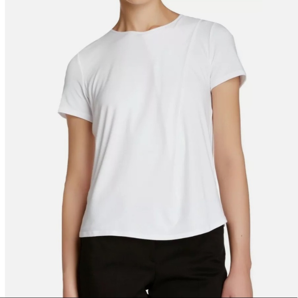 Theory white trake shoulder pleat short sleeve round neck t shirt size small